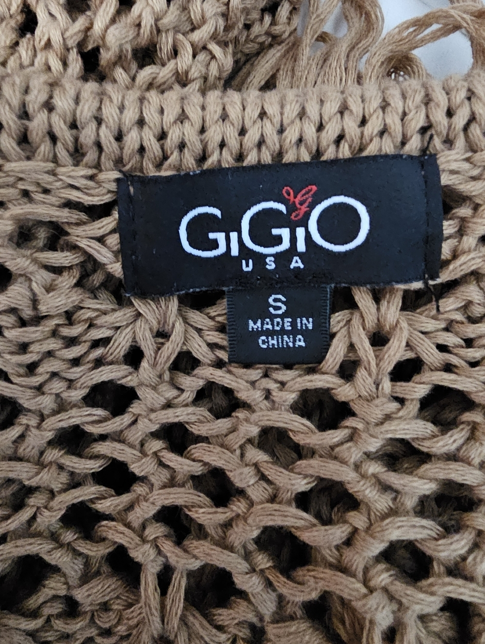 Gigio USA Open-Knit Fringe Crochet Boho Festival Tan Sweater Sz S (Oversized) - Picture 4 of 5